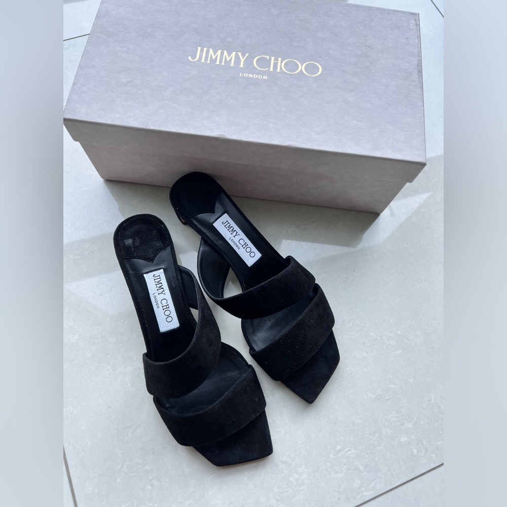 JIMMY CHOO Women's Rori 35 Low Heel Suede Slide Sandals 38 Black NEW